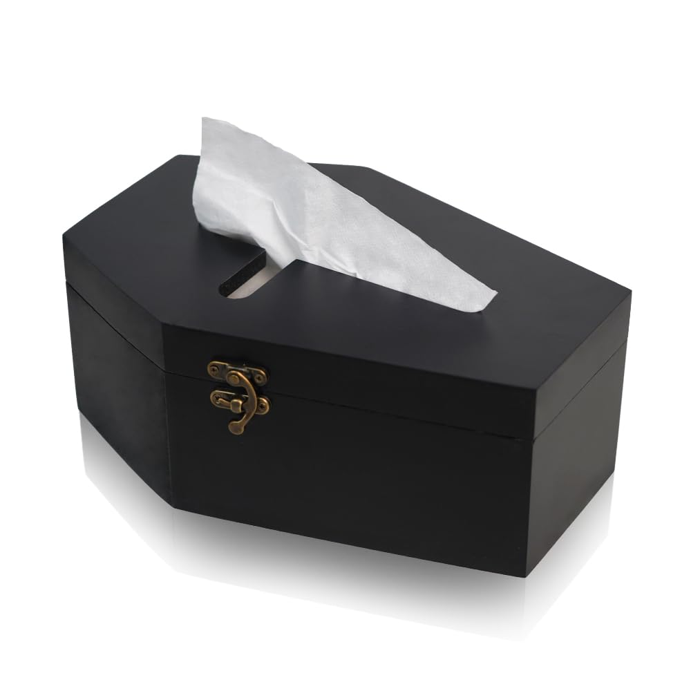Gothvanity Gothic Coffin Tissue Box Holder - Cross Design Spooky Dark Aesthetic Dispenser, Wooden Black Home Decor, Fits Square & Rectangle Tissues
