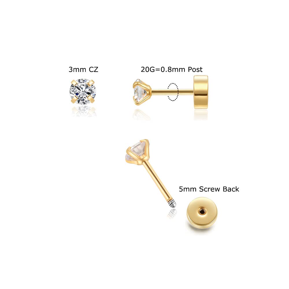 3mm Tiny CZ Screw on Flat Back Stud Earrings,Gold Plated Flat Back Cubic Zirconia Earrings for Helix Cartilage Tragus Earlobe Piercing Jewelry Gift for Women Men(3mm CZ,Gold)