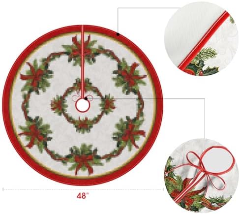 AVOIN colorlife Christmas Tree Skirt 48 Inch, Christmas Ribbon Holly Winter Holiday Tree Mat Decoration