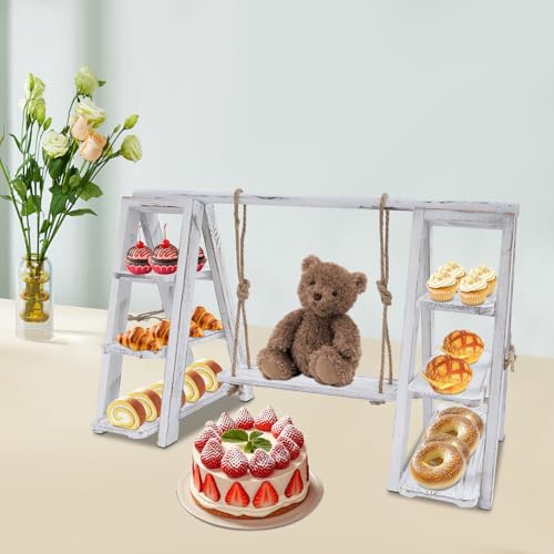 3 Tier Cupcake Stand 13.5in Wood Serving Tray Ladder with Removable Trays & Swing Plates, Foldable A-Shaped Table Display Set for Parties, Wedding, Home Decor