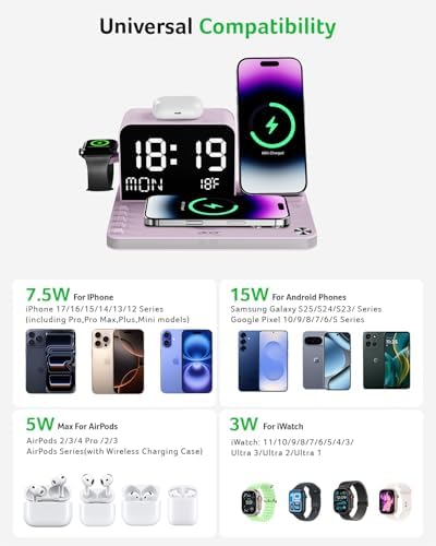 Acer 7-in-1 Wireless Charging Station with LED Clock - 30W Fast Wireless Charger for iPhone 16/15/14/13/12/Pro Max, Apple Watch, AirPods - Bluetooth Auto Time Sync & Night Lights (Purple)