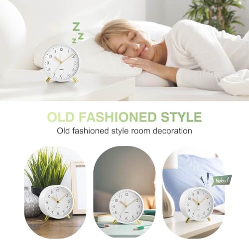 Analog Alarm Clock, Silent Non-Ticking with Night Light, Fashionable Round Metal Alarm Clock for Office, Battery Operated, Bedroom, Elderly, Adults, Children, Kids, Student Gifts