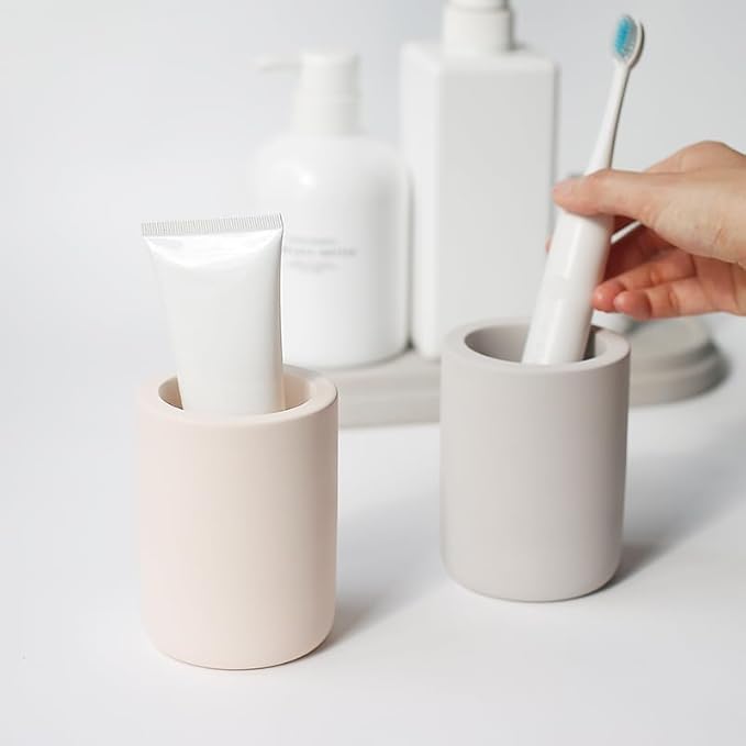 Selegna Drying Stone Toothbrush Holder, Diatomite Toothbrush Holders for Bathroom, Quick Drying Electric Toothbrush & Toothpaste Holder Cup, Diatomaceous Earth Bathroom Sink Organizer (Beige)