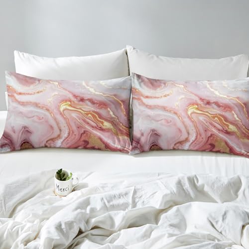 Girly Marble Bed Sheets - Pink Gold Marble Design Sheet Set for Kids & Teen Girls, Soft Modern Texture Print, 3-Piece Glitter Bedding Set (1 Fitted, 1 Flat, 1 Pillowcase) - color: Multi 02, size: Twin
