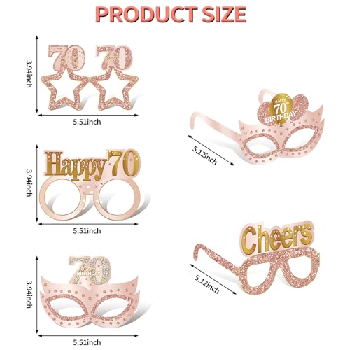 Guiruiy 24PCS 70th Birthday Paper Eyeglasses Decorations for Women, Pink Rose Gold Happy 70th Birthday Eyeglasses Party Supplies, Funny Seventy Year Old Birthday Glasses Decor - style: Rose Gold 70th