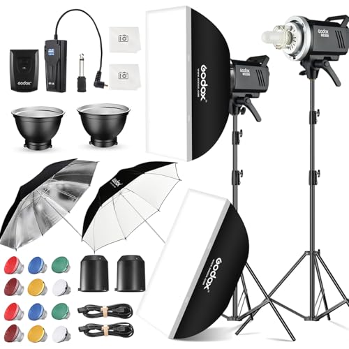 2pcs Godox MS300 Studio Flash Kit for Photography Lighting,600W Professional Bowens Mount Strobe Flash Monolight with Softbox,Trigger,Stands,Umbrellas,Reflectors for Photo Product Portrait Shooting