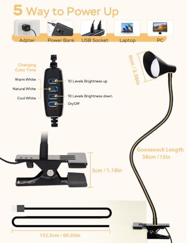 LiFMIRA Clip on Light USB Reading Light 3 Color Modes 10 Brightness Levels Eye Care Clamp Light Flexible Gooseneck Dimmable Reading Lamp Clip on Lamp for Bed Headboard Desk Bedside Dorm (Black) - color: Black
