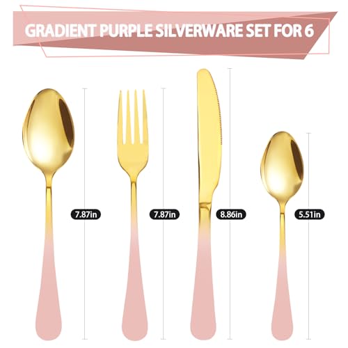 24 Pieces Flatware Set, Stainless Steel Cutlery Set with Silverware Holder, Modern Gold Silverware Set Includes Dinner Knives Forks Spoons,Hanging Silverware Set Service for 6 (Pink) - color: Pink