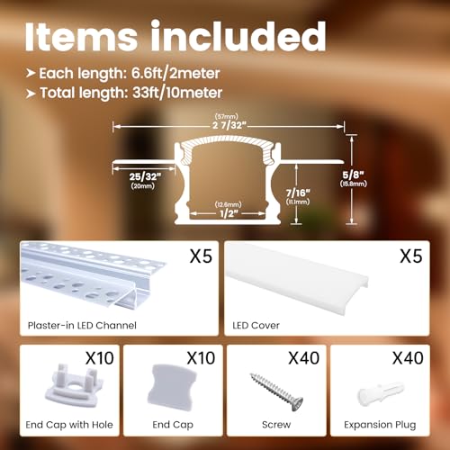 Muzata 5Pack 6.6FT/2M Plaster-in LED Channel Trimless Recessed LED Strip Diffuser Channel Spotless Deeper Wider for Drywall Ceiling Wall U117 WW 2M - size: 5Pack*2M/6.6FT
