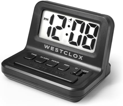 Westclox LCD Digital Bedside Alarm Clock with White Backlit Display and Snooze Function, Battery Operated, (Black, 3-Inch)