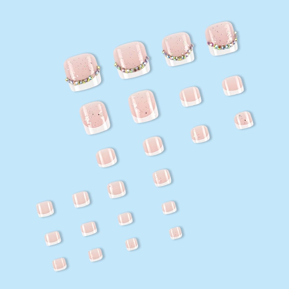 French Tip Press on Toenails Short Suqare Fake on Toe Nails Rhinestones False on Toenails Glossy Acrylic Toe Nails Glitter Full Cover Stick on Nails for Wome