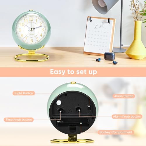 Analog Alarm Clocks,Retro Backlight Cute Simple design Small desk Clock With Night Light,Silent Non-Ticking,Battery Powered,For Kids,teens,Bedroom,travel,kitchen,Bedside Desk decor. (Nostalgic Green)