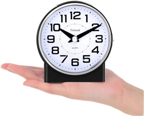 Tinload 4.3" No Ticking Analog Alarm Clock,Silent Readable for Seniors,Easy to Set,Gradual Rise Alarm,Big Numbers,On/Off Switch on Side,Gentle Wake,Snooze,Lighted on Demand,Battery Operated,Black