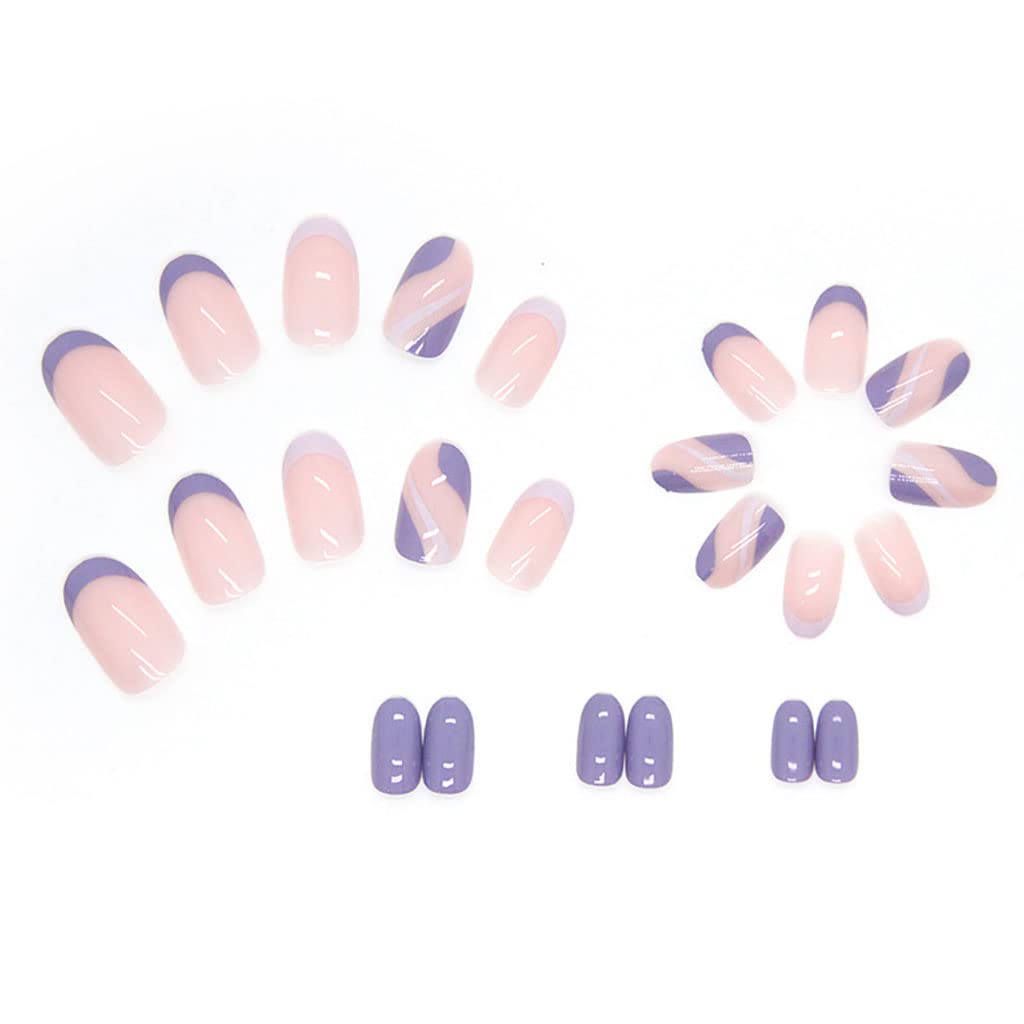 RikView French Tip Press on Nails Short Fake Nails Oval Purple Nails for Women with Swirls Design