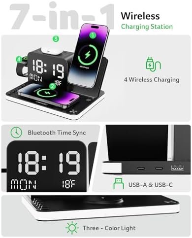 Acer Gadget 7-in-1 Wireless Charging Station Charger Stand for Multiple Devices for Apple - iPhone 17 16 15 14 13 12 Pro Max Apple Watch Airpods, Wireless iPhone Charger Station with Bluetooth TimeSyn