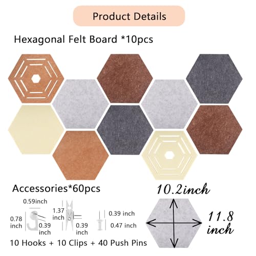 10 Pcs Hexagon Bulletin Board,11.8x10.23x0.47inch Self-Adhesive Felt Bulletin Board Tiles Pinboard Boho Home Office Wall Decor Pin Display Boards for Vision Photo Memo (40 Push Pins,10 Clips,10 Hooks)