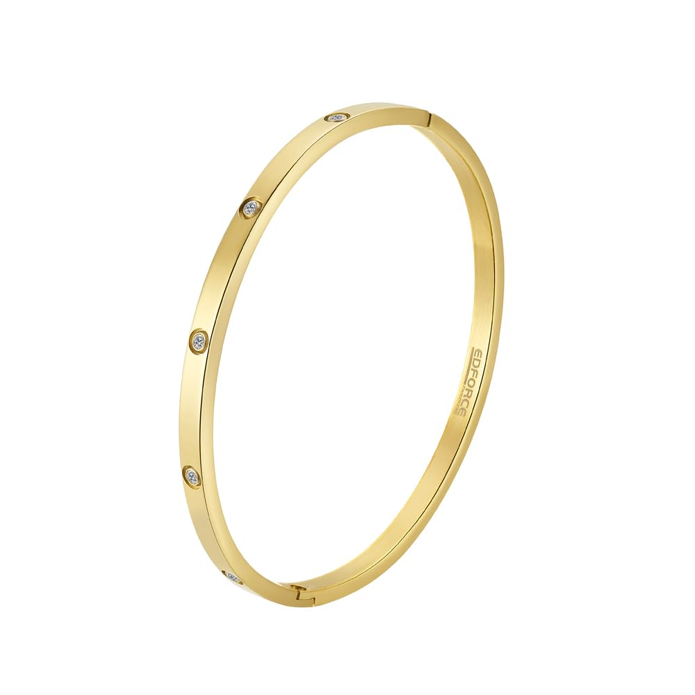 Edforce Stainless Steel 4mm Width Thin Love CZ Gold Bangle Bracelet for Women (Gold)