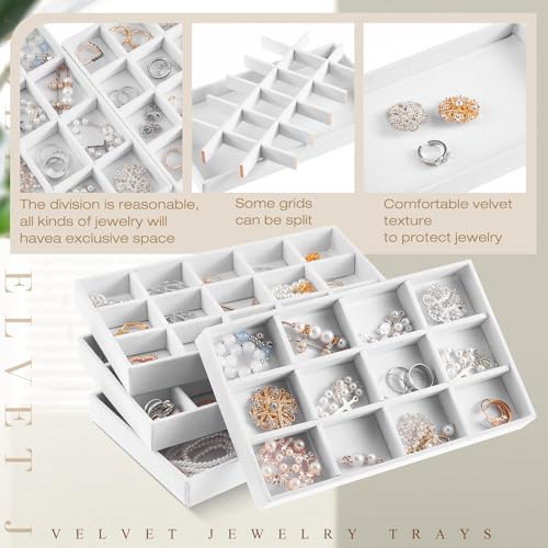 Junkin 12 Pcs Jewelry Tray Velvet Stackable Jewelry Organizer Trays Divided Earring Accessories Storage Containers Box (Rose Red) - color: White