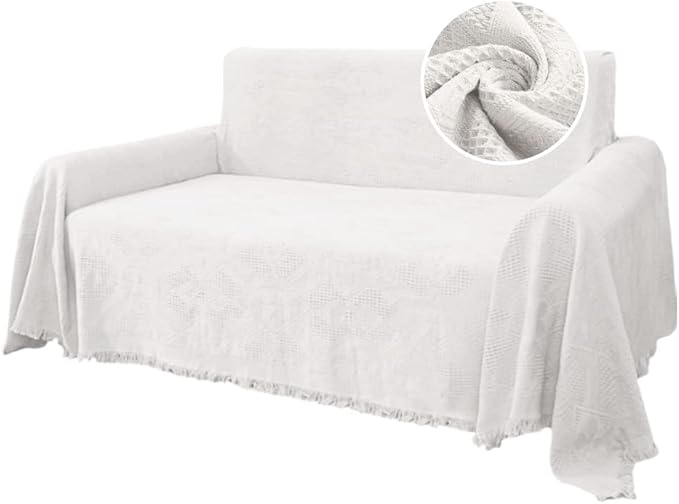 H.VERSAILTEX Cotton Sofa Covers Couch Cover Sofa Slipcover for Most Shape Sofas, Feature Thick Woven Jacquard Seamless with Tassels, Multi-Use Decorative for Couch (Large: 71" x 102", White)