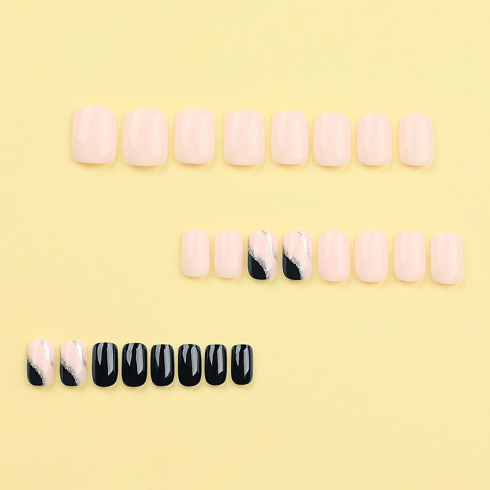 Short Square Press On Nails, Soft Gel Reusable Fake Nails, Pink and Black Glossy Nails with Silver Accent, DIY Salon Manicure, Natural Short Stick On Nails for Women & Girls, 24PCS Set