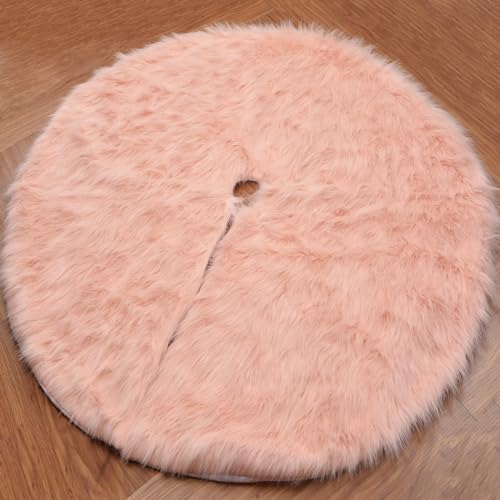 yuboo Salmon Pink Christmas Tree Skirt 48 inches, Fuzzy Fur Pastel Tree Skirt Rug Pink Christmas Decor for Slim Pencil Tree and 6-7 FT Christmas Trees