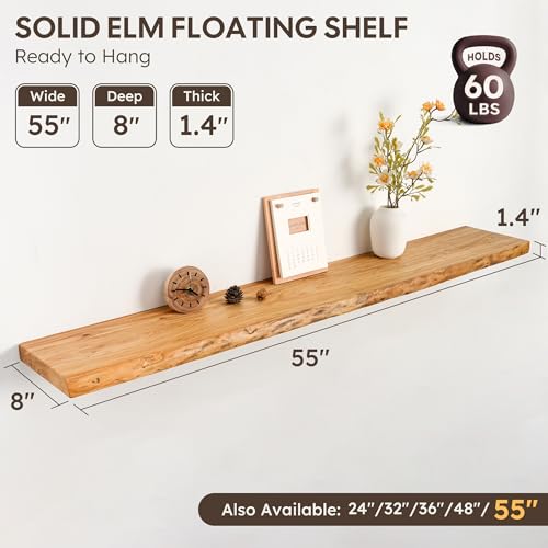Live Edge Floating Shelf 55 Inch Extra Long | Solid Rustic Elm Wood with Invisible Brackets | Wall Mounted Shelf for Living Room, Kitchen, Bathroom | Natural - color: Clear Natural, size: 55"L, 1-Pack