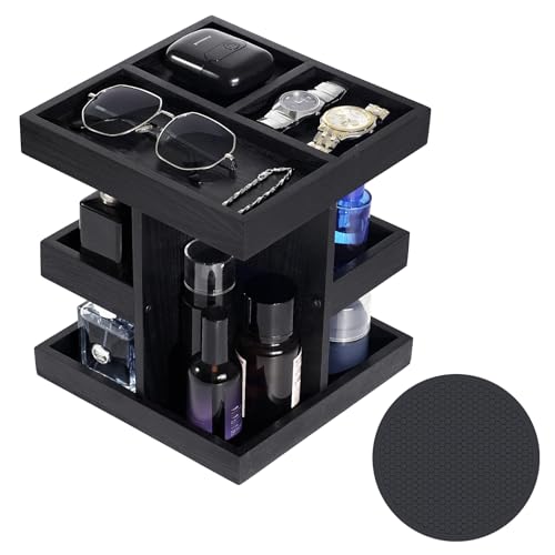 Cologne Organizer for Men, 3-Tier Rotating Cologne Stand with Non-Slip Pads, Large Capacity Wood Perfume Shelf for Desk & Nightstand, Gifts for Men Husband Birthday (Black)