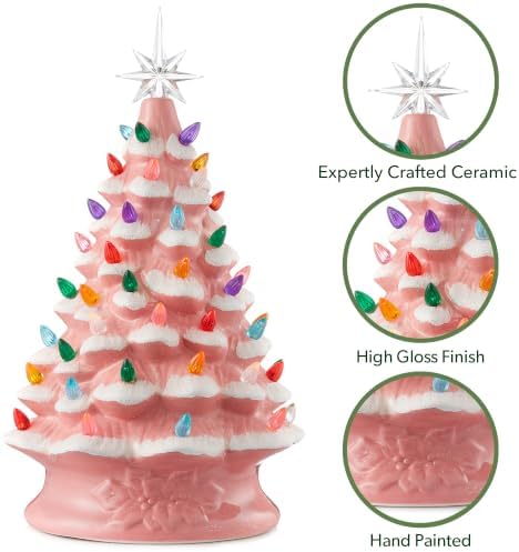 Casafield Hand Painted Ceramic Christmas Tree, Pink Snow Flocked 15-Inch Pre-Lit Tree with 128 Multi Color Lights and 2 Star Toppers