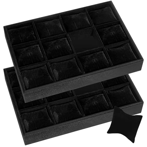Henoyso 2 Pieces 12 Grid Velvet Watch Tray Jewelry Organizer Stackable Watch Bracelet Bangle Display Holder Adjustable Pillow(Black) - color: Black, size: 12 Grid