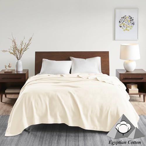 Madison Park Soft Certified 100% Egyptian Cotton Breathable Cozy Blanket, Premium Waffle Knit Classic Design, Luxury All Season Lightweight Cover for Bed, Couch and Sofa, Cream Full/Queen(90"x90")