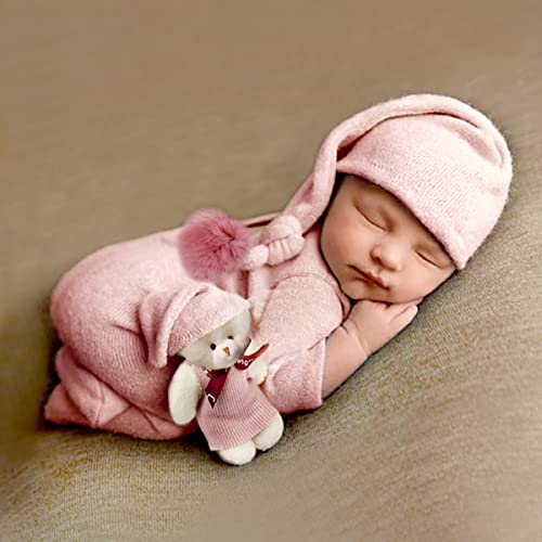 Newborn Baby Photo Shoot Props Girl Boy Crochet Knit Hat Costume Stripe Hat Pants Overalls Photography Props - color: Pink