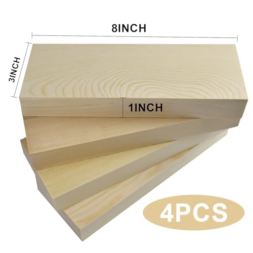 3X8X1 Inch Solid Wood Carving Blocks, 4 Pcs Wooden Art Block, Unfinished Wood Blocks for Art and Crafts DIY Carving Whittling for Adults Beginner Experts - size: 3x8x1 Inch