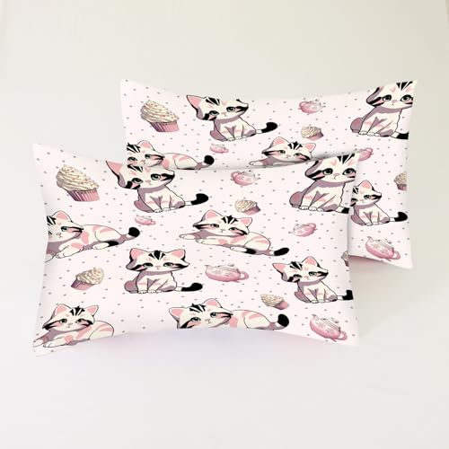 Girls Pink Fitted Sheet Set Twin Size Cute Cat Sheet Set Kawaii Kids Sheet Soft Microfiber 3-Piece Sheet Set Twin Bedspread 1 Fitted Sheet+1 Flat Sheet+1 Pillowcase Cartoon Bedding Set - color: Pink-cat, size: Twin
