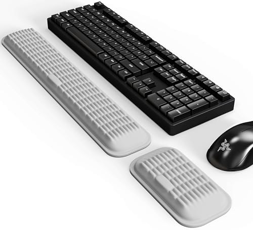MEKASS Ergonomic Wrist Rest for Keyboard and Mouse, Soft Memory Foam Keyboard Wrist Rest Set with Non-Slip Silicone Base, Easy Typing, Pain Relief, Comfort for Office, Work, Gaming (Light Gray)