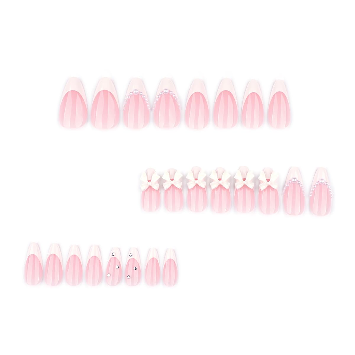 24Pcs French Tip Press On Nails Almond Shape Medium Fake Nails with 3D White Bow & Pearl Designs Pink White Full Cover Glue On Nails Reusable Acrylic False Nails for Women Manicure Decoration