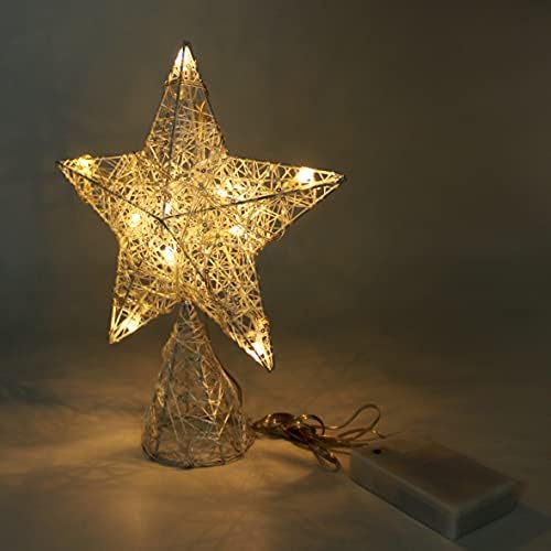 CVHOMEDECO. White Tree Top Star with Warm White LED Lights and Timer for Christmas Ornaments and Holiday Seasonal Décor, 8 x 10 Inch