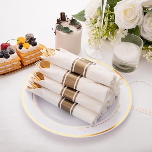 200Guests Pre Rolled Gold Plastic Silverware Sets - Heavy Duty Gold Cutlery - Include 200 Pack Wrapped Disposable Utensils with Napkins for Parties & Dinners & Weddings - color: 200Pack - Gold