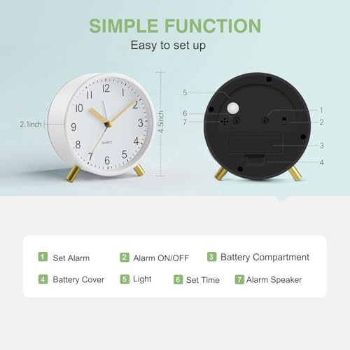 Analog Alarm Clock, Silent Non-Ticking with Night Light, Fashionable Round Metal Alarm Clock for Office, Battery Operated, Bedroom, Elderly, Adults, Children, Kids, Student Gifts