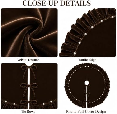 Christmas Tree Skirt,Velvet Tree Skirt with Ruffled Edge with Pearls, Classic Large Velvet Fur Plush Tree Skirt for Merry Christmas(Brown,36Inch)