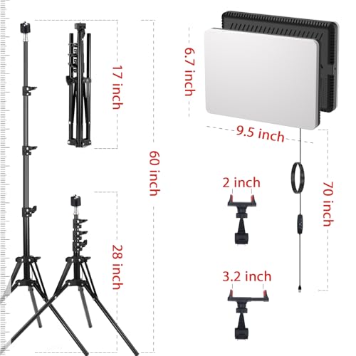 2-Pack LED Video Light Panel, 2700K-7500K Bi-Color Dimmable Photography Lighting Kit with 60" Tripod Stands & Phone Holders, CRI 95+ Studio Lights for Streaming, YouTube, TikTok, Zoom