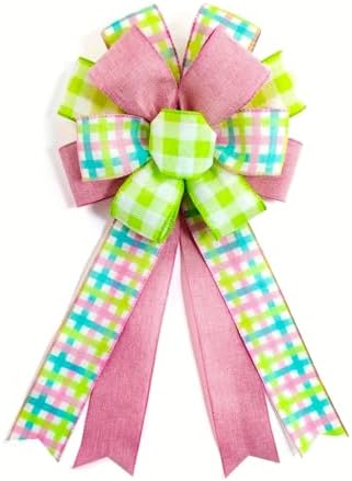 2 Pack Spring Plaid Wreath Bows, 20.8 Inch Pink Green Easter Bows