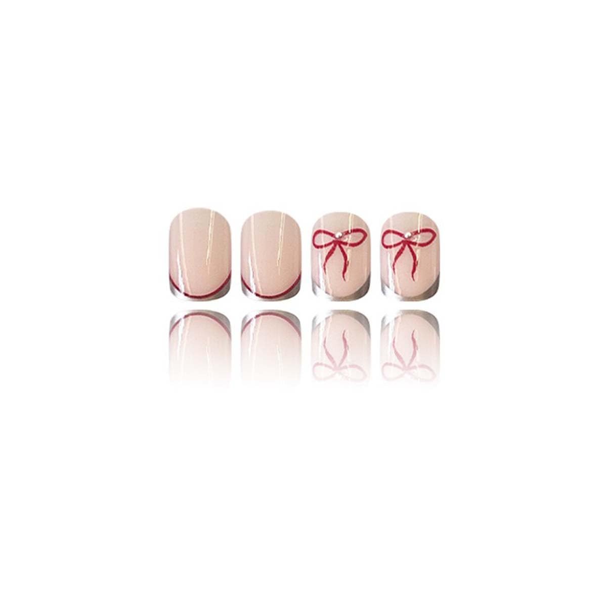 French Tip Press On Nails Short Square Fake Nails Bowknot With Pearl Design Cute False Nails Reusable Artificial Acrylic Glue On Nail Full Cover Stick On Nail For Women Manicure 24pcs