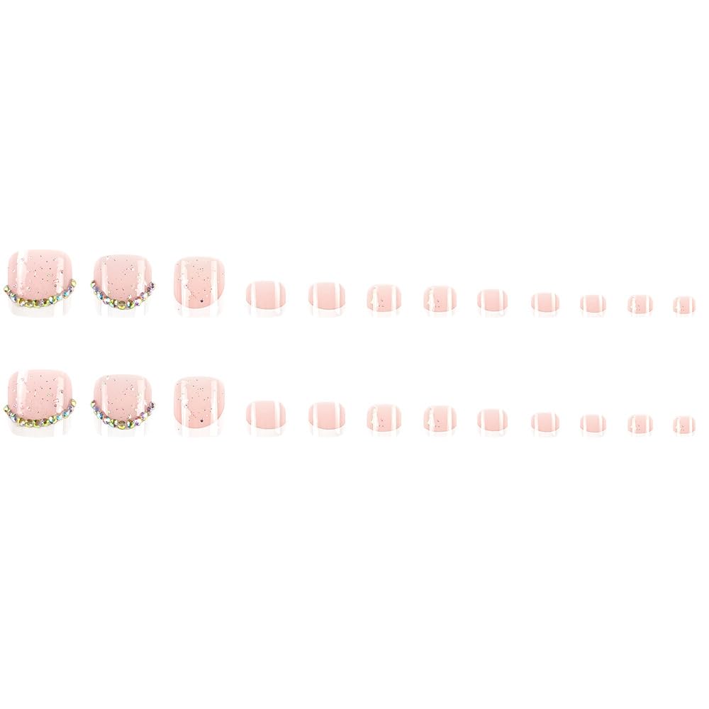 French Tip Press on Toenails Short Suqare Fake on Toe Nails Rhinestones False on Toenails Glossy Acrylic Toe Nails Glitter Full Cover Stick on Nails for Wome