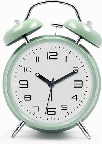 Azyh Loud Alarm Clock for Heavy Sleepers Adults, Metal 4 Inches Twin Bell Battery Operated Alarm Clocks for Bedrooms Decoration, Silent Non-Ticking Back-to-School Gift (Mint Green)