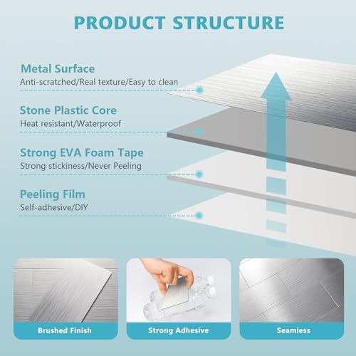 Vamos Tile 100-Piece Peel and Stick Backsplash Seamless Tile,3''x6'' Brushed Stainless Steel Metal Subway Tile,Stick on Backsplash for Kitchen/Bathroom/Laundry Room - color: Brushed Stainless