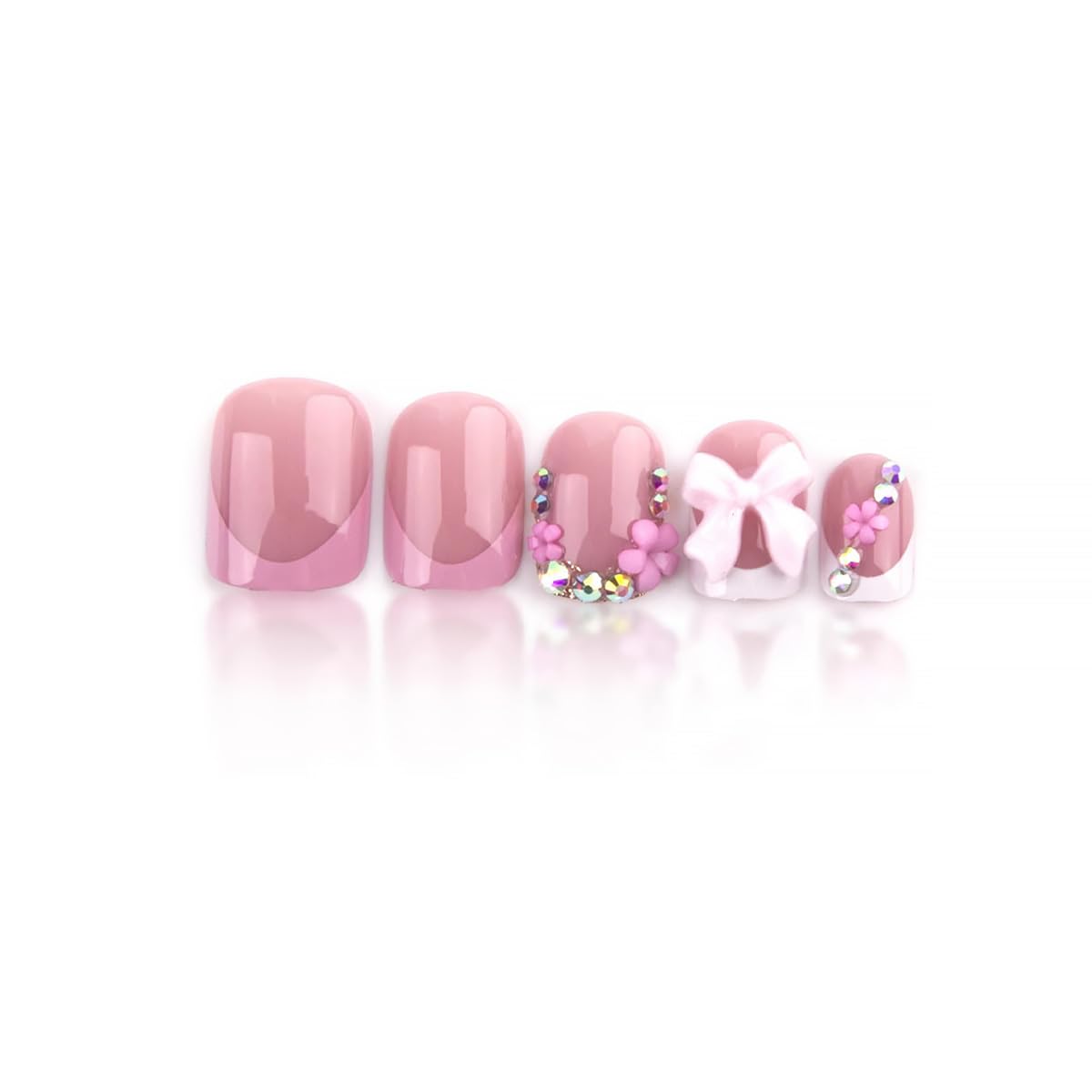 24Pcs French Tip Press on Nails Short Square Fake Nails with Luxury Bow Charms Design Silver Rhinestones Nail Tips False Nails Pink Stick on Nails Nude Full Cover Artificial Glue on Nails for Women