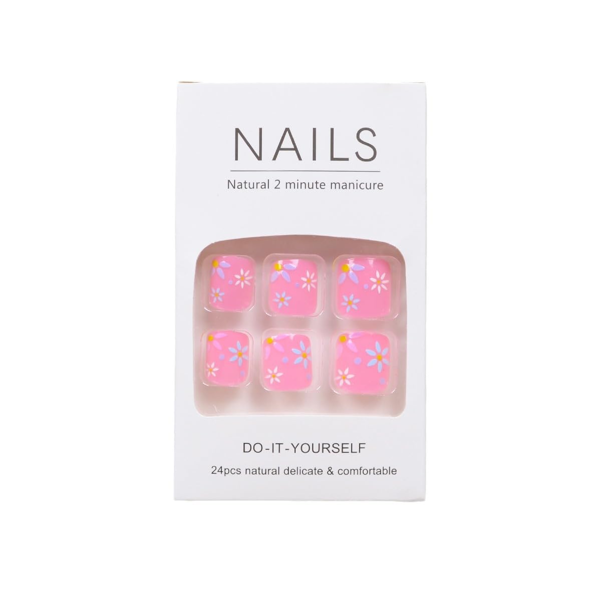 Flower Press on Pink French Tips Fake Toenails - Short Square Toe Nails, Cute Floral Glossy Toe Nails - Full Cover Glue on Summer Artificial Acrylic False Toenails for Women - 24Pcs