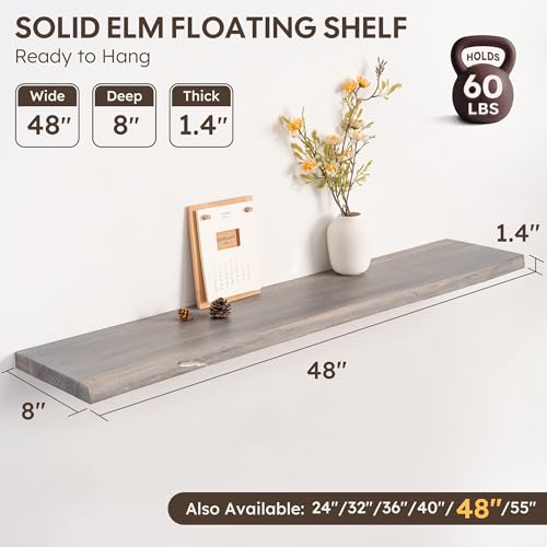 Live Edge Floating Shelf, 48 Inch Solid Elm Wood - Weathered Gray Rustic Wood Wall Shelf with Invisible Brackets for Living Room, Kitchen, Bathroom - color: Driftwood Gray, size: 48"L, 1-Pack