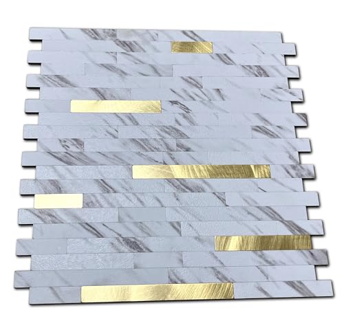 10-Sheet Peel and Stick Backsplash Tile, PVC Mixed Metal Stick on Kitchen, Bathroom Vanities, Fireplace Décor, Laundry Table (White Marble + Golden-2) - color: White Marble + Golden-2