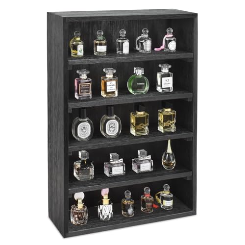 Ikee Design Wooden Wall-Mounted Display Shelves Rack for Collectibles, Figures,Shot Glasses,Spice Can,Cosmetics or Perfume, 5 Adjustable Height Shelves,Space-Saving, Black Color - color: Black, 5 Shelves